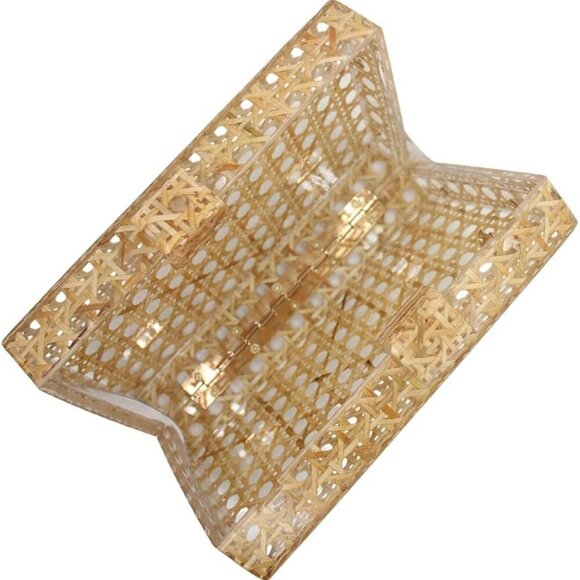 Women Acrylic Handbag Rattan Woven Pattern Square Box Crossbody Handbag Shoulder - Picture 4 of 6